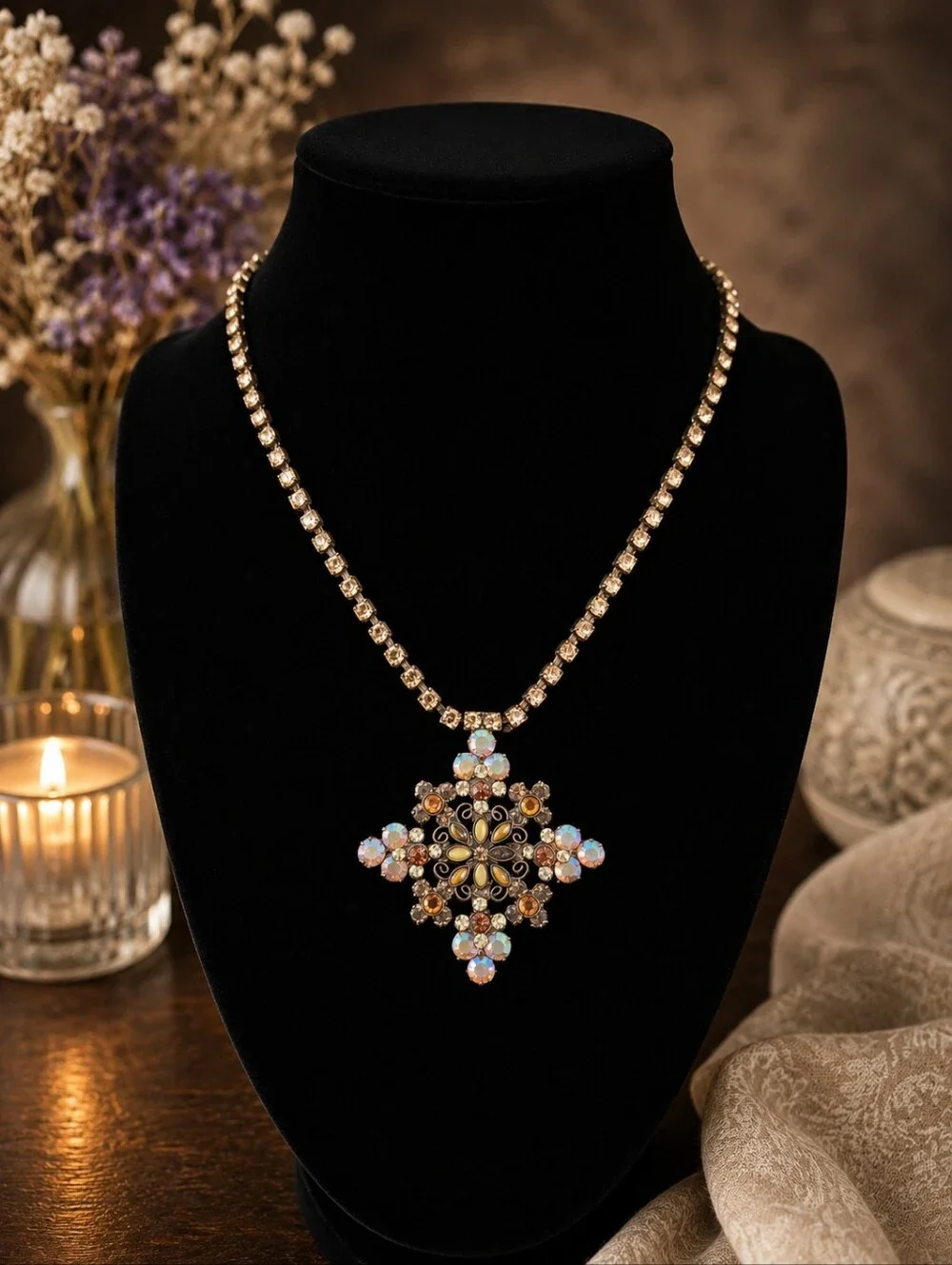 ✨ Vintage Sorrelli Amber & Iridescent Crystal Statement Necklace
